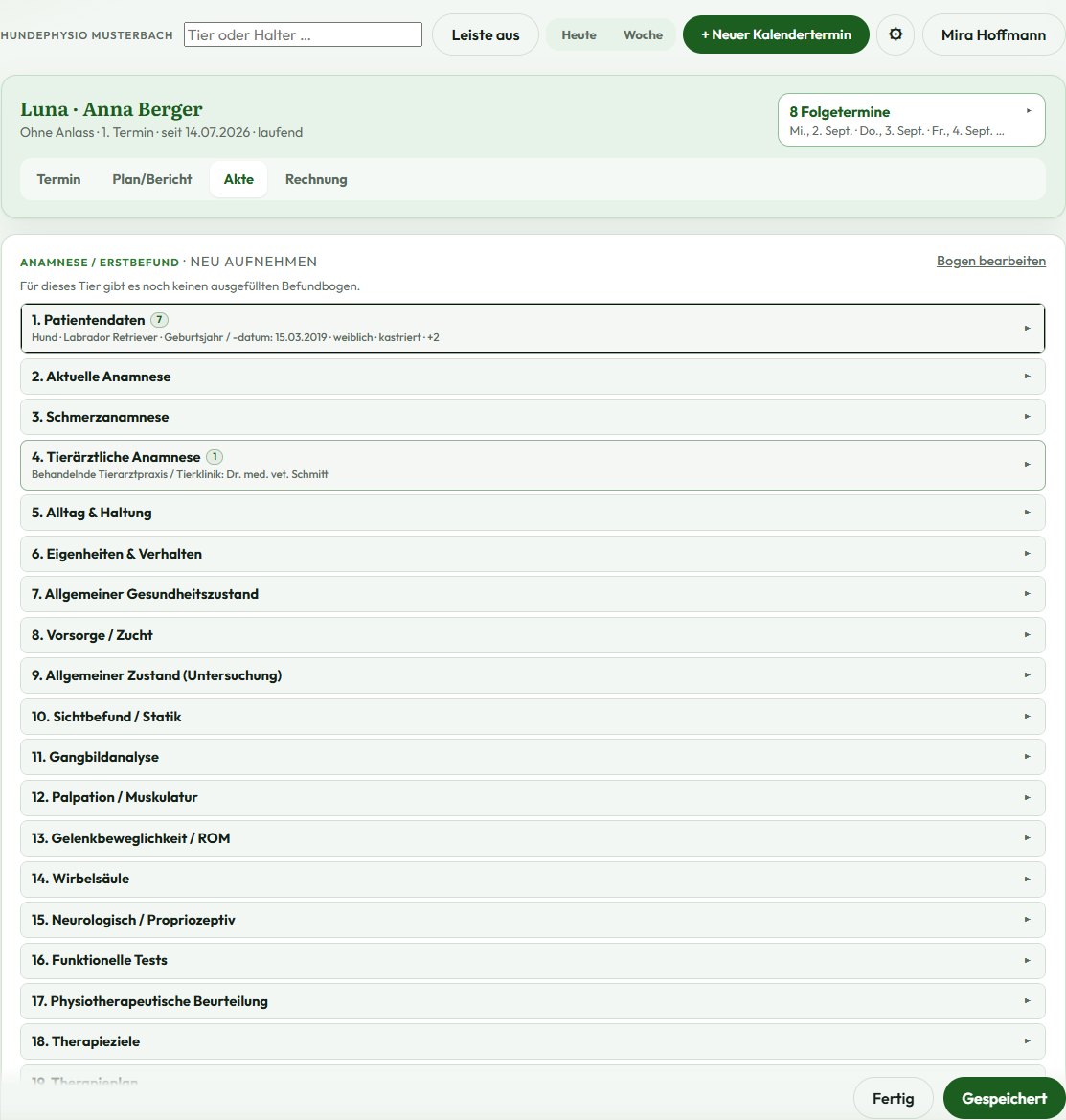 Anamnese und Erstbefund mit 19 Abschnitten