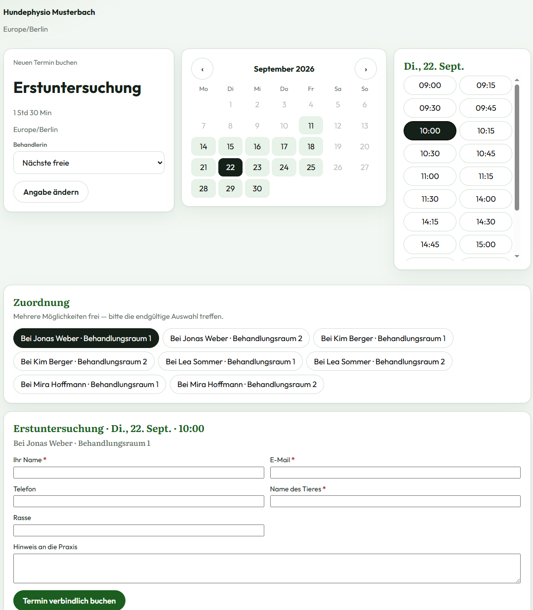 Öffentliche Buchungsseite mit Slot und Zuordnung