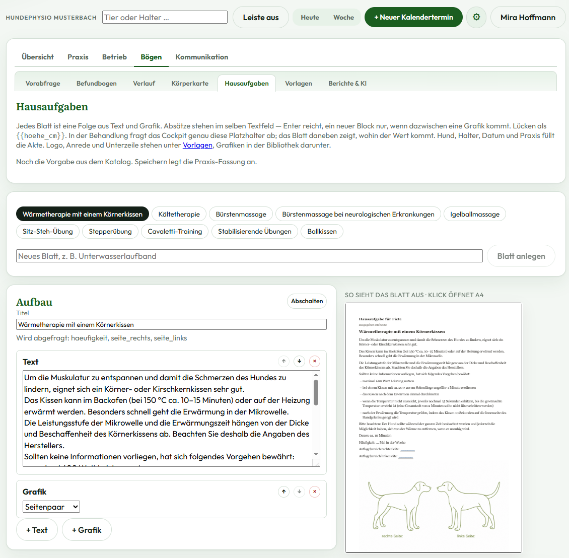 Hausaufgabenblatt Wärmetherapie mit Editor und A4-Vorschau
