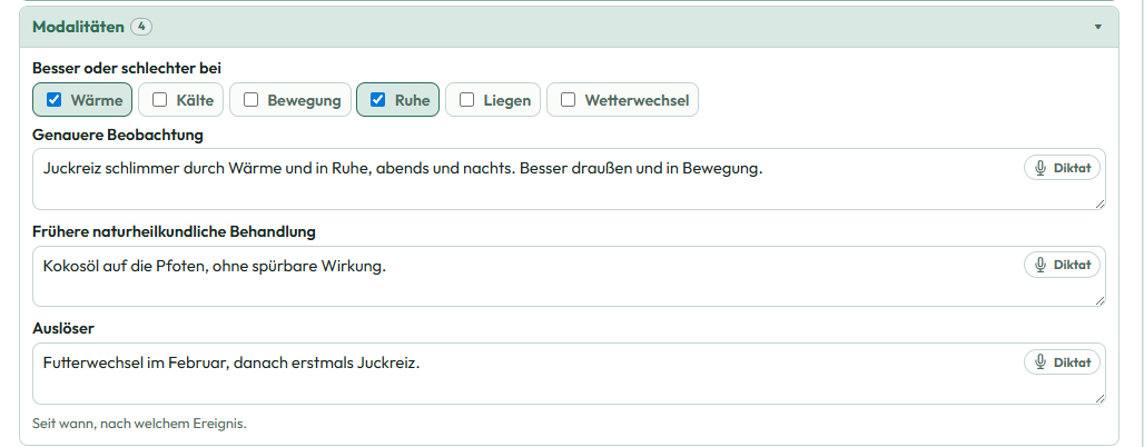 Modalitäten Wärme und Ruhe angekreuzt, darunter Beobachtung, frühere Behandlung und Auslöser
