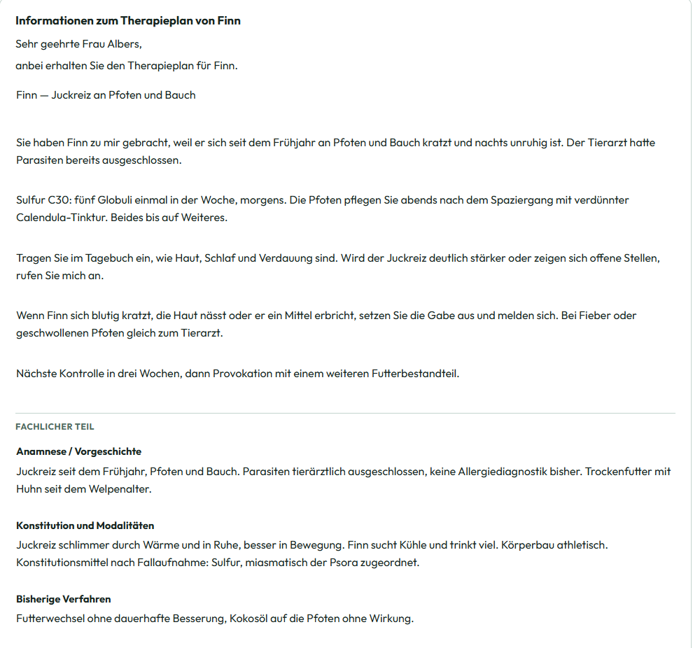 Therapieplan in der Fassung Tierheilpraxis mit Anlass, Gabe, Warnzeichen und fachlichem Teil