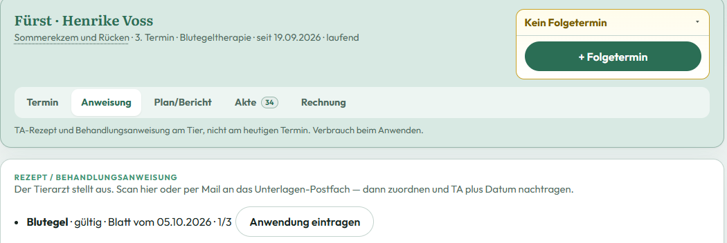 Behandlungsanweisung des Tierarztes für Blutegel mit Gültigkeit und verbrauchten Sitzungen