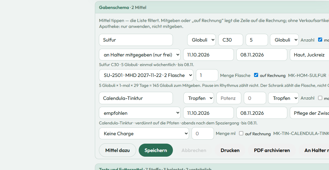 Gabenschema mit Sulfur C30 mitgegeben und Calendula-Tinktur empfohlen